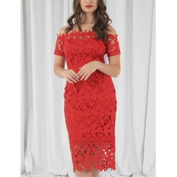 Chi Chi London Womens Midi Dress Size‎ 4 Red Orange Bardot Crochet Lace Floral - Picture 1 of 10